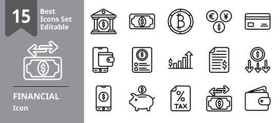 Set of Financial icons. Icons Contains bank, money, digital wallet, transaction, mobile banking, etc . Design elements for you projects. Editable stroke vector illustration