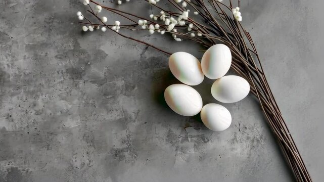 five white eggs and willow branches on gray textured background, easter still life composition