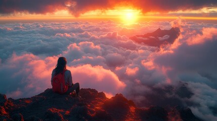 Obraz premium Woman sits on mountaintop, sunrise over clouds