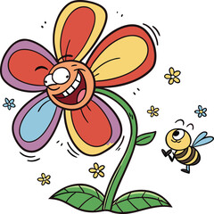 Cheerful Cartoon Flower with Smiling Face and Buzzing Bee - Colourful Whimsical Illustration for Children's Books, Educational Materials, and Spring Themed Designs