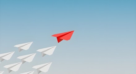 Ilustración 3D del concepto de negocio de éxito de liderazgo cohete de papel vuela sobre fondo de color cohete líder se destaca de otros cohetes de papel seguidor