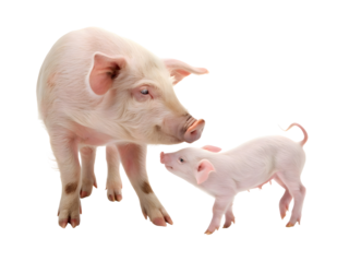 A mother pink pig and her baby on white background