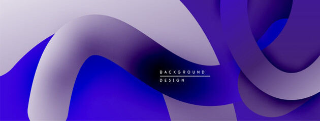 Abstract fluid shapes, gradients, purple hues dominate design. Modern aesthetic, smooth curves create dynamic composition.