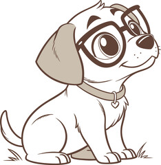 Adorable Puppy in Glasses: Charming Cartoon Illustration of a Trendy Dog with Heart Collar