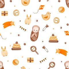 Gender neautral baby pattern. Newborn baby, baby birth background with toys, baby, flags, clothes, duck. Its a girl, boy. Infant children