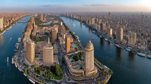 Cairo Cityscape Panorama: A breathtaking aerial view showcases the vast cityscape of Cairo, Egypt, where modern skyscrapers meet historic landmarks, all embraced by the serene flow of the Nile River.