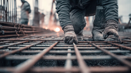 Worker bending over reinforced concrete foundation with focus and determination