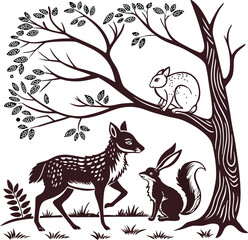 Tranquil Woodland Gathering: Silhouetted Fox, Deer, and Hare beneath the Tree - Wildlife Vector Illustration