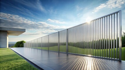 Modern architectural design featuring a sleek metallic fence and a paved pathway adjacent to a grassy lawn under a partly cloudy sky
