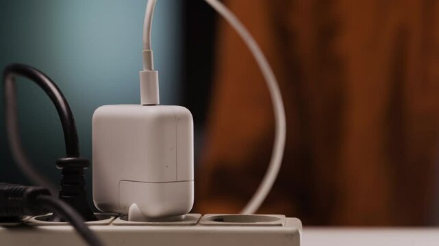 Closeup of a mans hand take-off a type-c wire from electrical power strip.