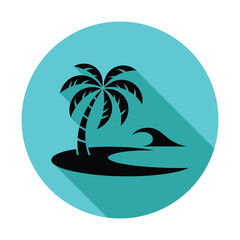 Palm Tree Silhouette on Island with Wave in a Teal Circle