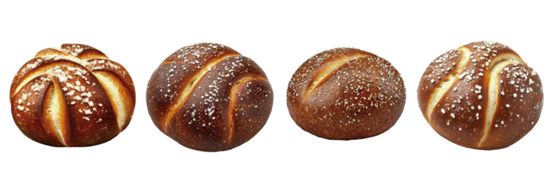Assorted freshly baked sourdough with golden brown crust and sesame seeds on a white background - Powered by Adobe