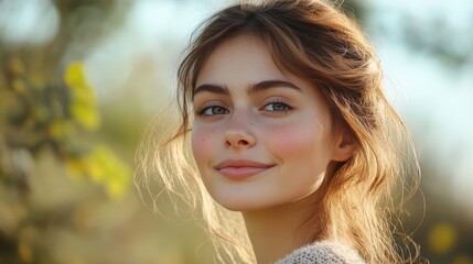 Naklejka premium Young woman smiles warmly in a natural outdoor setting during golden hour with soft sunlight illuminating her features