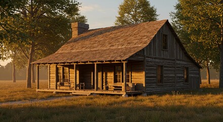 Obraz premium Rustic log cabin nestled within a grassy field on a sunny day outdoors