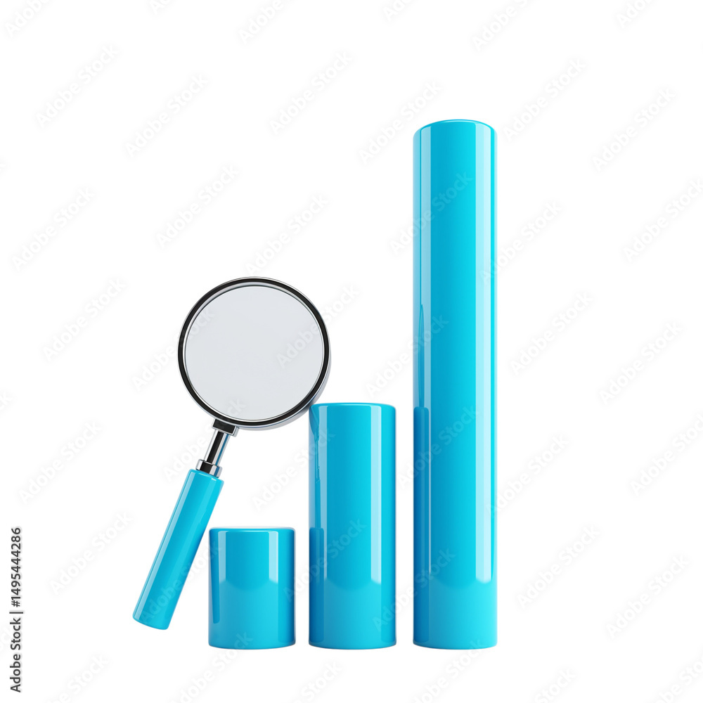 Poster magnifying glass analyzing blue bar graph isolated on transparent background isolated on white backg