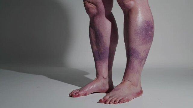 Medical video revealing multiple leg views with deep purple bruising, highlighting potential deep vein thrombosis symptoms against clinical white background