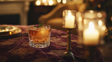 Vintage speakeasy-style cocktail on a velvet tablecloth, candlelit ambiance.