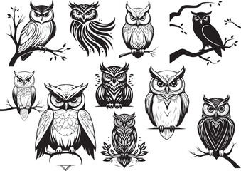 Collection of stylized owl illustrations black and white vector graphics