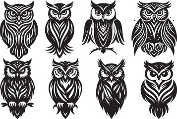Eight tribal style owl designs black and white illustrations
