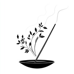Incense stick burning in bowl, leaves, white background, spa relaxation