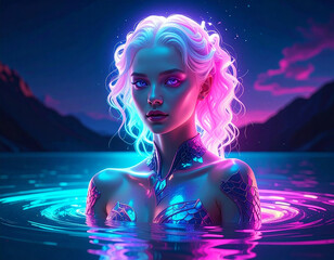 Fantasy portrait of a mystical woman with glowing white hair, wearing iridescent armor and emerging from neon-lit water against a dreamy night mountain landscape.