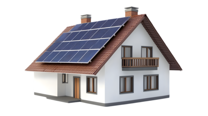 3D House Model with Solar Panels Isolated on Transparent Background