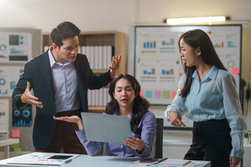 Coworkers having conflict at workplace blaming each other for bad project results, business failure concept