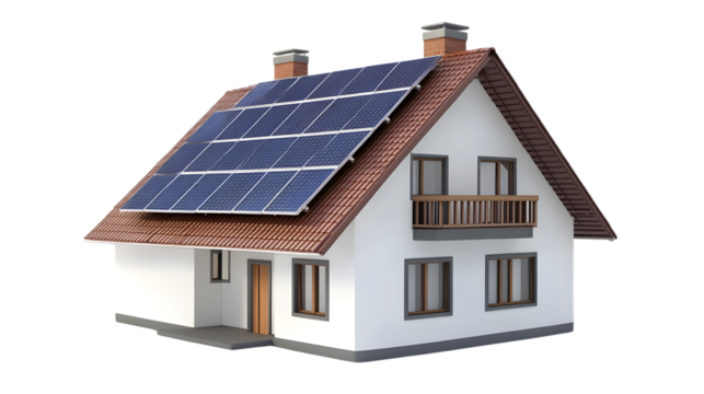 3D House Model with Solar Panels Isolated on Transparent Background