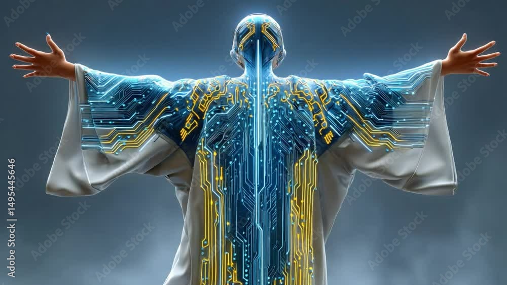 Poster digital divinity: a futuristic depiction of a figure, merging human form with digital circuitry, arm