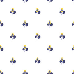 Seamless Pattern Featuring Stylized Purple and Yellow Floral Motifs on White Background