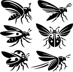 Collection of black and white insect silhouettes ladybugs butterflies beetles