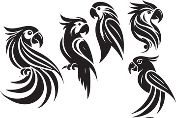 Five stylized black parrot silhouettes tribal design © SaHeD