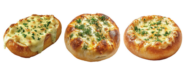 Delicious cheesy garlic bread rolls topped with herbs, arranged in a tempting display on a white background
