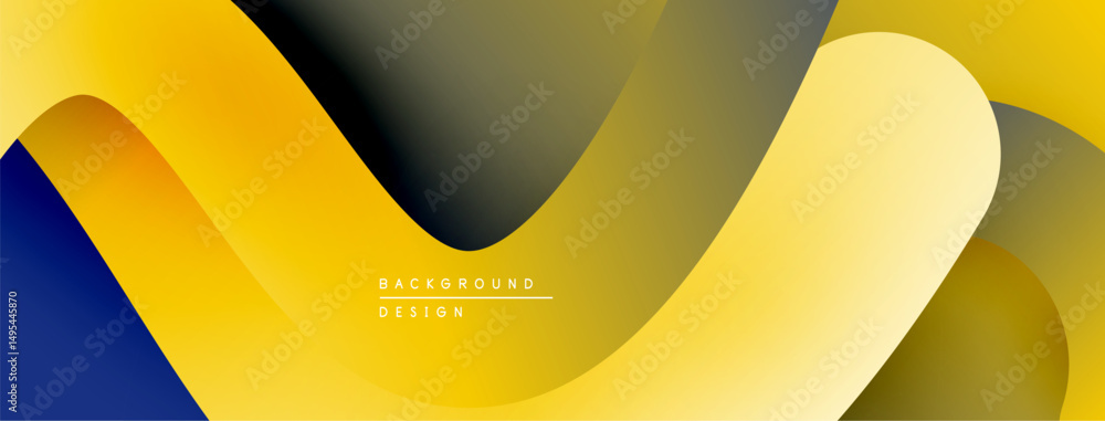 Poster abstract flowing shapes, vibrant yellow, dark blue, gray gradients. modern design, smooth curves cre