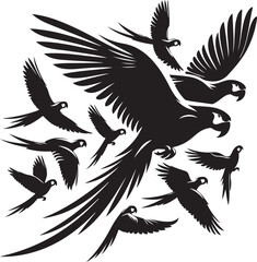Majestic macaws in flight black and white silhouette design