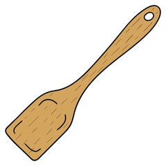 Hand drawn cartoon wooden kitchen brown spatula on white background.