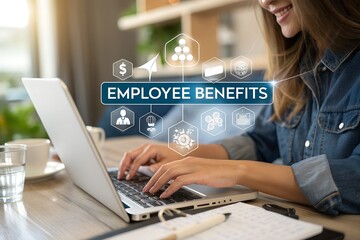 A woman uses a laptop at a desk to explore employee benefits and find the best plan for her needs at work.