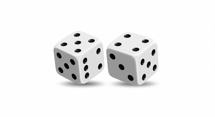 Two white dice with black dots displaying five and six on white surface