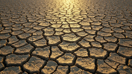 Cracked Earth: A stark visual narrative of drought and environmental concern, showcasing the intricate patterns of parched earth under the golden sunlight.