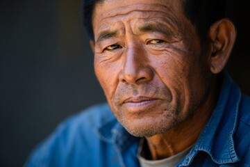 Fototapeta premium Farmer, portrait, weathered — a male farmer with sun-worn skin and weary, expressive eyes stares intently into the camera, his deeply wrinkled face marked by stubble, sweat, and a timeworn brown cap. 