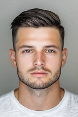 Obraz premium Portrait of a young man with a modern hairstyle and a neutral expression against a simple background