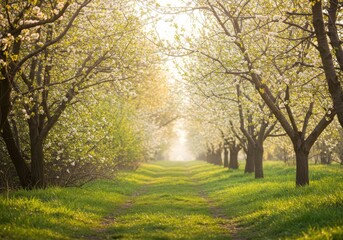 Blossom tree avenue in spring isolated on transparent background