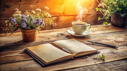A Serene Workspace Featuring a Rustic Wooden Table, a Warm Beverage, and an Open Notebook Ready for Inspiration