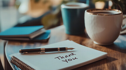 A black and gold pen resting on a handwritten "Thank You" note on a clean white surface. 
