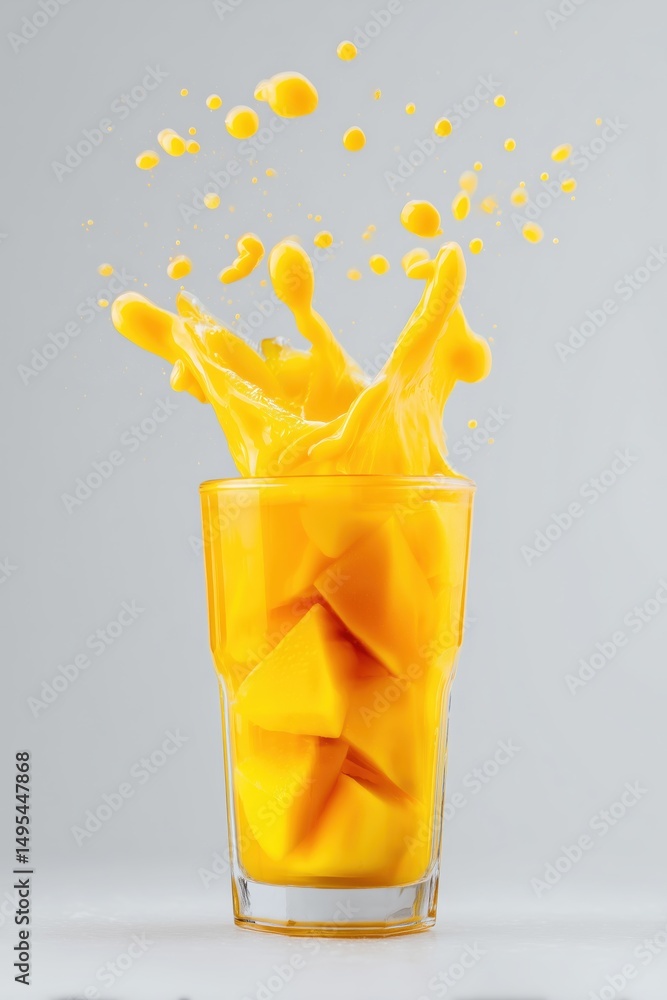 Poster mango cubes splash into transparent juice in vivid freeze frame. simple solid background emphasizes 