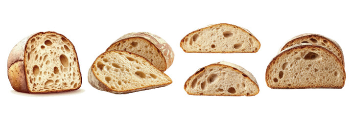 Slices of fresh artisan bread displayed on a white background, showcasing crusty exterior and soft, airy interior