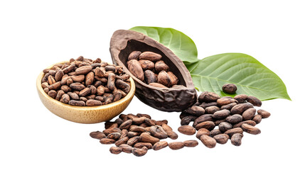 Fototapeta premium Cacao Beans and Bodhi Leaves Capital Isolated on Transparent Background