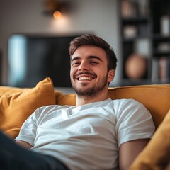 Young man relaxes on a comfortable sofa smiling warmly in a cozy living room during the afternoon
