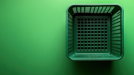  a green plastic rectangular grocery basket, a green seamless studio space. 3D Illustration