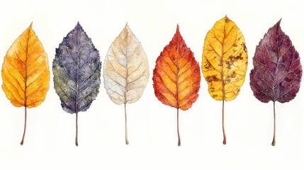 Aesthetic Watercolor Depiction of Autumnal Foliage Displaying a Spectrum of Colors